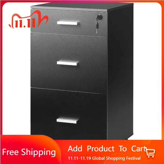 3-drawer Rolling Filing Cabinet with Lock, Wooden Filing Cabinet Suitable for Home Office Letterhead, Black Filing Cabinet