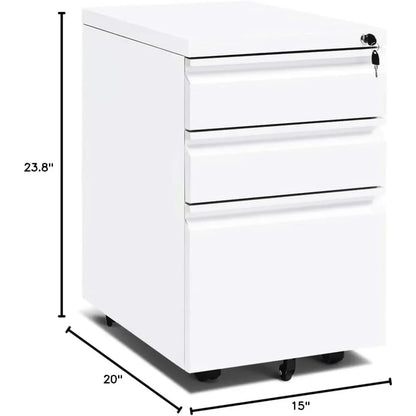 3 Drawer Filing Cabinet with Lock, Assembled White Mobile File Cabinet with Wheels, Rolling Small Metal Cabinets Under Desk