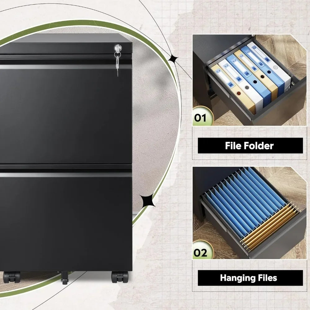 2 Drawer File Cabinet with Lock, Metal Filing Cabinet Fully Assembled Except Casters, Under Desk File Cabinets for Office