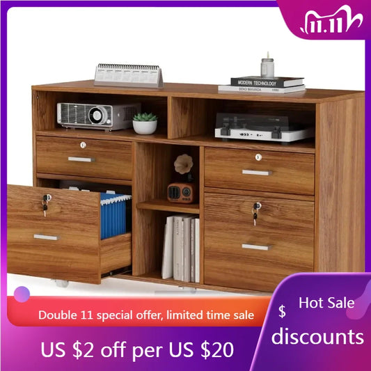 Wide 4 Drawer File Cabinet with Lock, Wood Lateral File Cabinet with Open Shelves, Lockable Rolling File Cabinets for Office