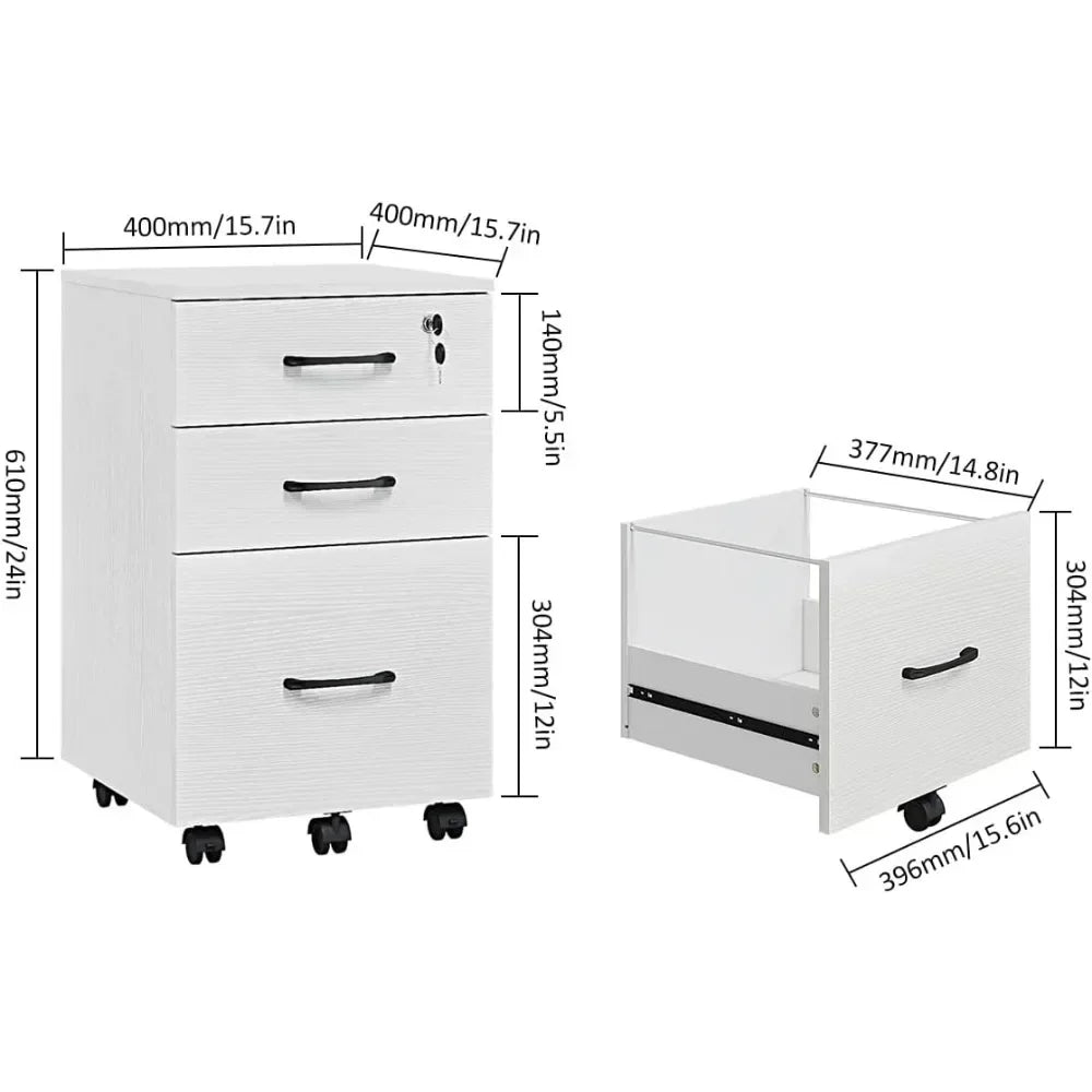 3 Drawer Wood Mobile File Cabinet, Under Desk Storage Drawers Small File Cabinet for Home Office (White)