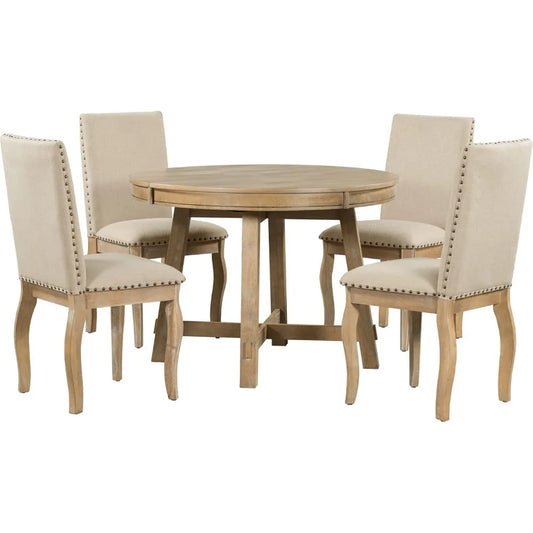 Wood Extendable Dining Room Table Set with Round Table and Upholstered Chairs of 4-6 Persons, 5 Piece Round Dining Table Set