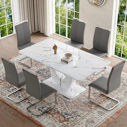 Juego de mesa de comedor de 6 piezas, juego de mesa de comedor de imitación de mármol blanco de 6 piezas, juego de mesa de cocina rectangular de 63 pulgadas, juego de 6 sillas para comedor, cocina y sala de estar