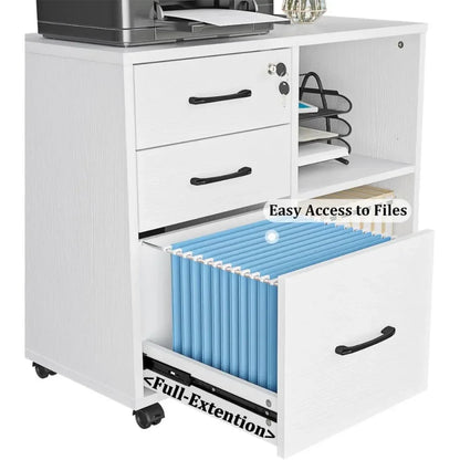 3 Drawer File Cabinets, Mobile Lateral Printer Stand with Open Shelf, Rolling Filing Cabinet with Wheels for Home/Office Storage