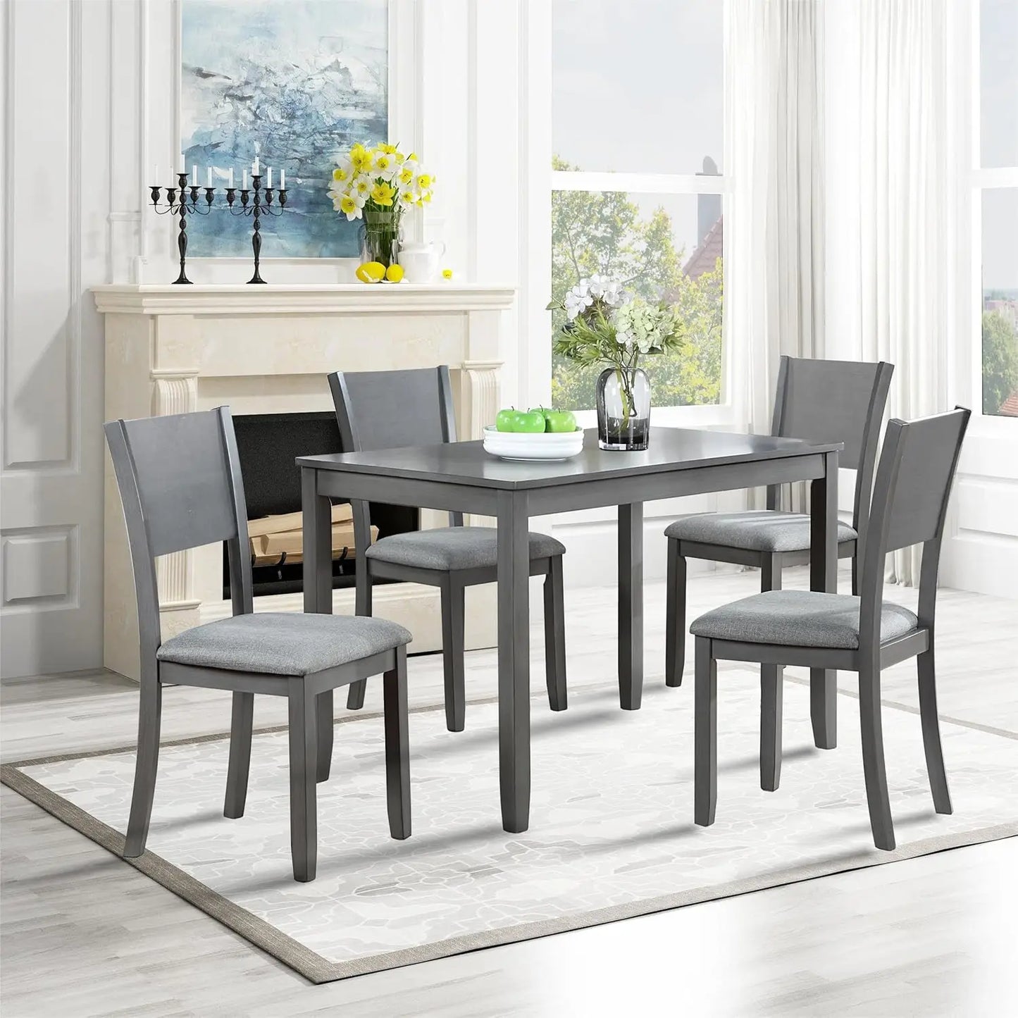 Dining Table Set 4, Rectangular Table and 4 Upholstered Chairs, 5 Piece Dining Table Set Kitchen Dining Room Living Room, Gray