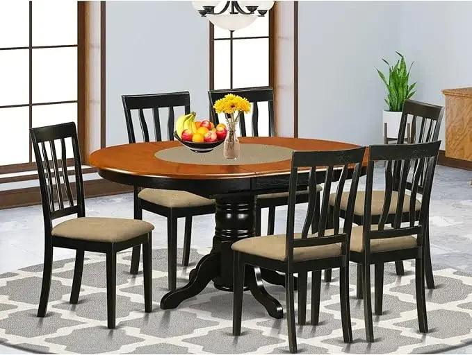 El juego de mesa de comedor de 7 piezas East West Furniture AVAT7-BLK-LC consta de una mesa de cocina ovalada con hojas de mariposa y 6 hojas de imitación L