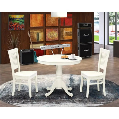 3 Piece Dining Room Furniture Set Contains a Round Dining Table with Pedestal and 2 Wood Seat Chairs, 36x36 Inch, Linen White