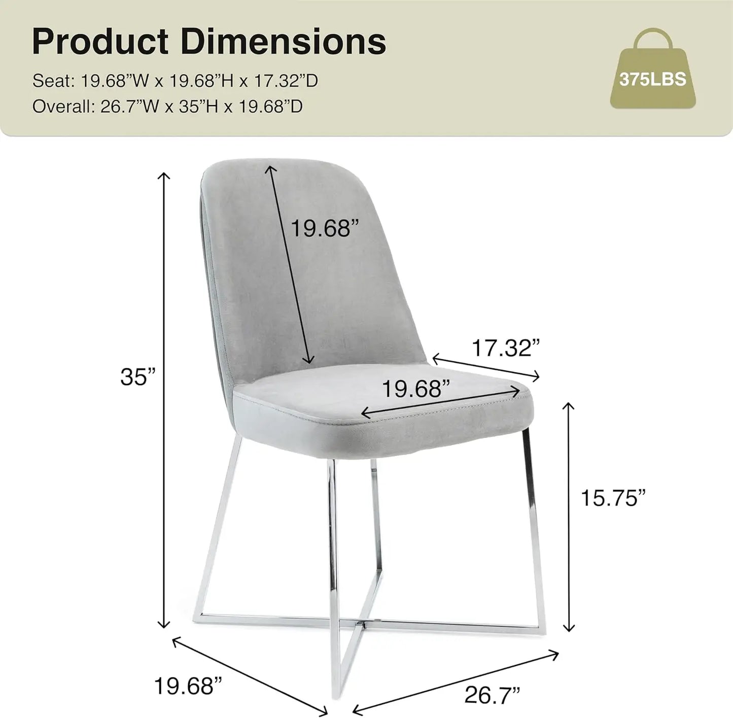 Juego de 4 sillas de comedor modernas de terciopelo Montague: asiento cómodo gris claro con patas de metal plateado, perfectas para comedor y cocina