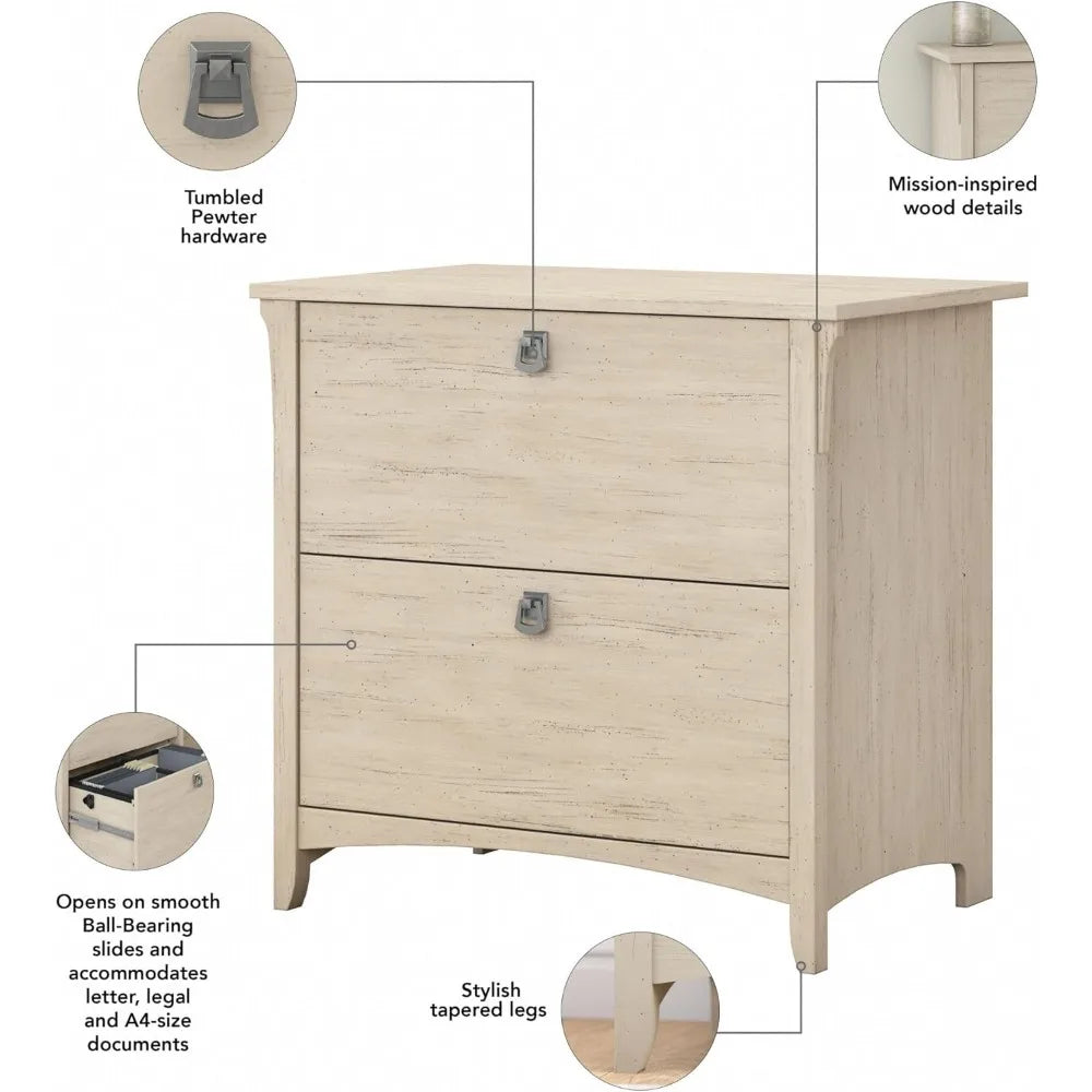 Filing Cabinets  Bush Furniture Salinas 2 Drawer Lateral File Cabinet in Antique White, Home Office Storage Solution,