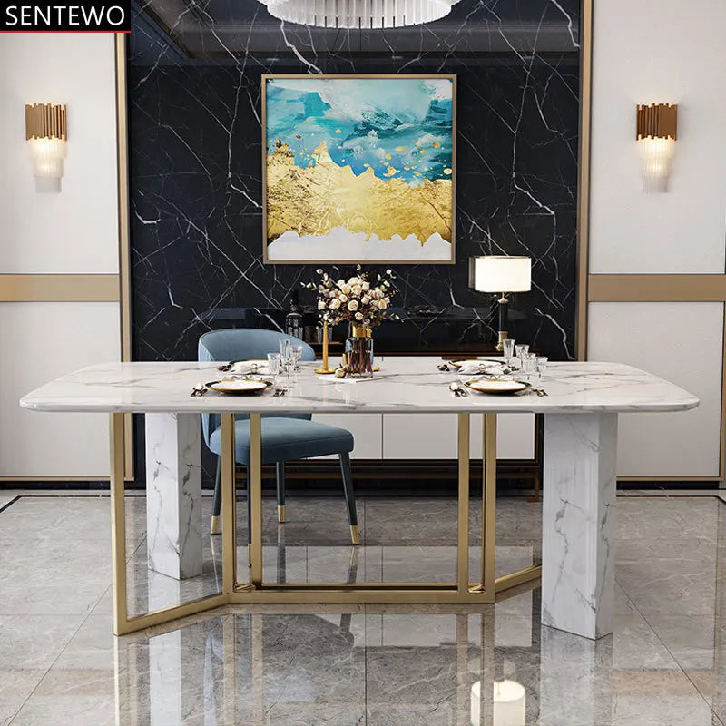 SENTEWO Free Shipping Italian Marble Dining Table Set With 4 6 Chairs Luxury Gold Frame With Stone Base Tables Room Furniture