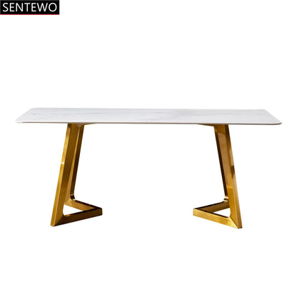 SENTEWO Luxury Rock Slab Kitchen Dining Table With Chair Set Stainless Steel Gold Base Faux Marble Top Table Mesa Com 6 Cadeiras