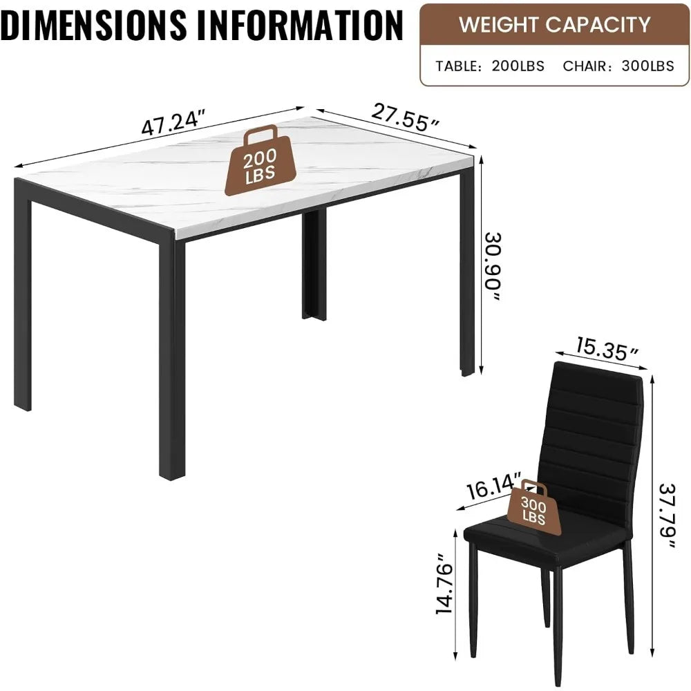 Juego de mesa de comedor para 4, juego de mesa y sillas de cocina moderno de 5 piezas, juego de mesa de comedor de 4 sillas de cuero PU de imitación de mármol