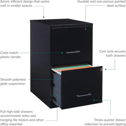 Archivador de 2 cajones profundos de 18", archivador negro con cerradura, archivador para oficina en casa/carta, con suspensión deslizante