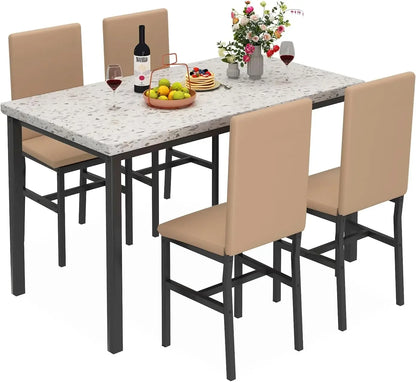 Juego de mesa de comedor MIERE para 4, juego de mesa de comedor de mármol de 5 piezas con 4 sillas con marco de metal de terciopelo para cocina, bar y sala de estar