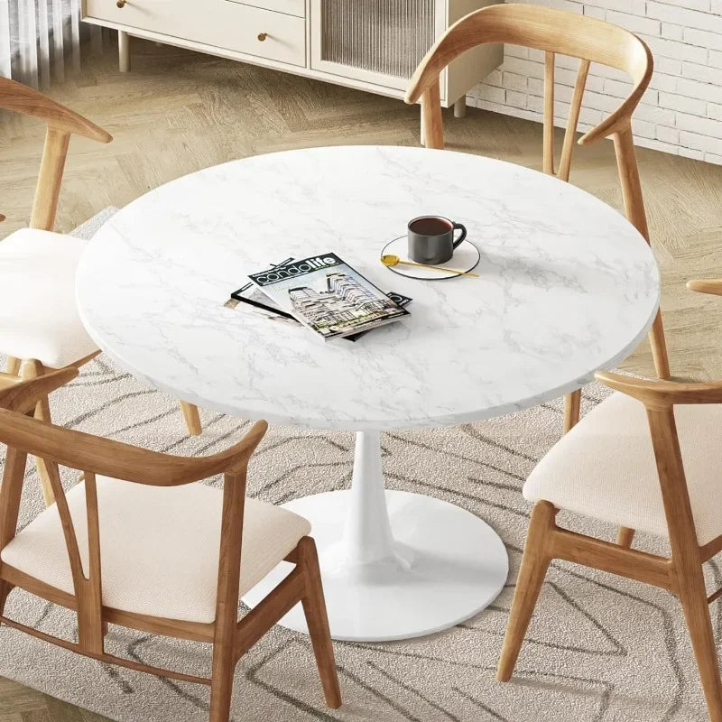 Table à manger ronde en marbre blanc, bureau tulipe de 31,5 po pour 2 à 4 personnes avec plateau en MDF et base sur piédestal