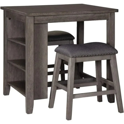 25" Counter Height Dining Room Table Set with 2 Saddle Barstools & Storage, Easy-to-Assembly,Gray Wash Finish