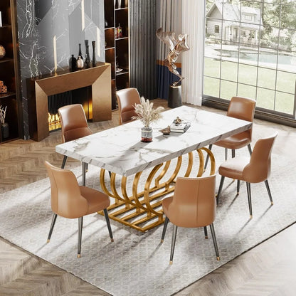 Modern Dining Table, 63 inch Faux Marble Wood Kitchen Table for 6 People, Rectangular Dinner Room Table with Geometric Frame