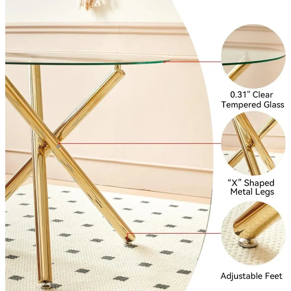 Ensemble de table à manger pour 4 personnes, table à manger en verre de 36 po avec pieds croisés en métal, 4 chaises rembourrées en velours, ensemble de salle à manger 5 pièces