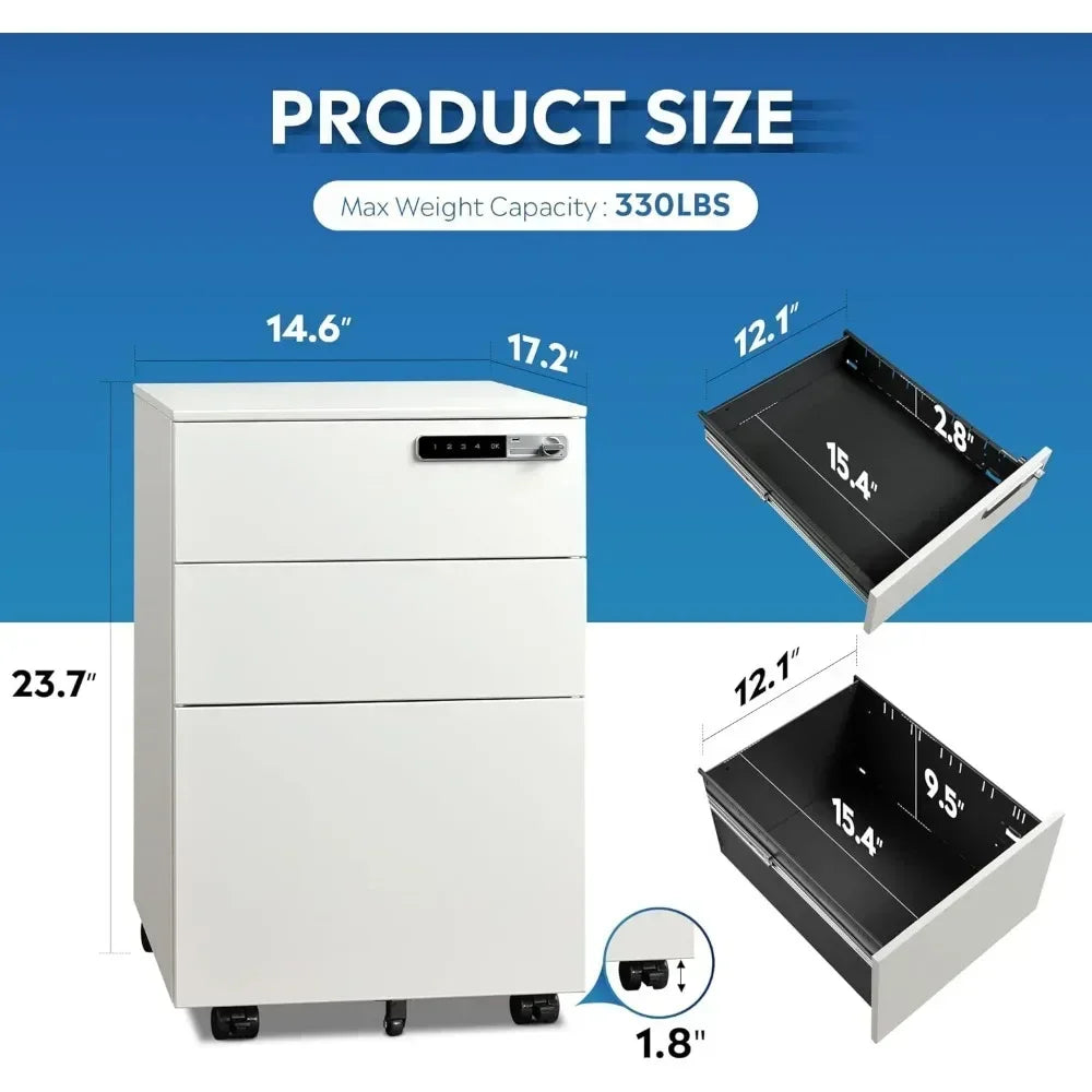 Archivadores, archivador móvil de 3 cajones con cerradura digital, archivador de pedestal de acero preensamblado para el hogar/la oficina