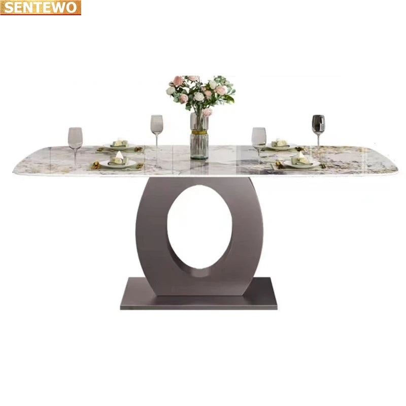 Juego de mesa de comedor de lujo de diseñador con losa de mármol y 8 sillas, mesa de comedor, muebles de mármol, base de acero inoxidable dorado