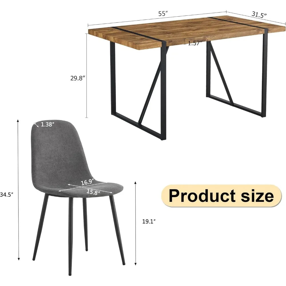 Ensemble de table de salle à manger rustique 5 pièces Table à manger de cuisine rectangulaire en bois de 55 pouces moderne du milieu du siècle avec ensemble de 4 chaises en tissu