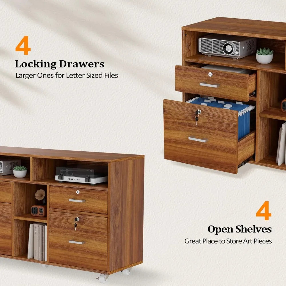 Wide 4 Drawer File Cabinet with Lock, Wood Lateral File Cabinet with Open Shelves, Lockable Rolling File Cabinets for Office