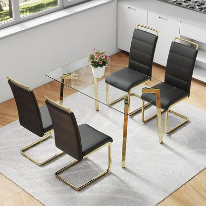 Ensemble de table à manger pour 4 personnes, plateau de table rectangulaire en verre transparent avec pieds dorés, ensemble de 4 chaises de cuisine en similicuir, ensemble de salle à manger