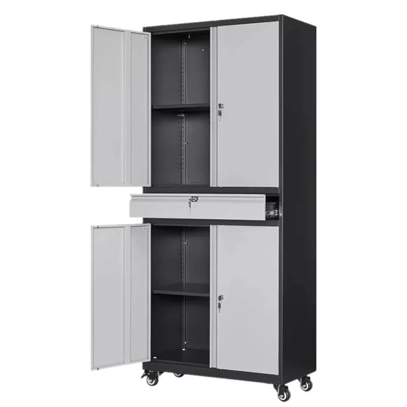 Gabinete de almacenamiento de garaje de metal con puertas con cerradura y estantes ajustables Gabinete de almacenamiento de herramientas con ruedas con 4 ruedas y 1 cajón