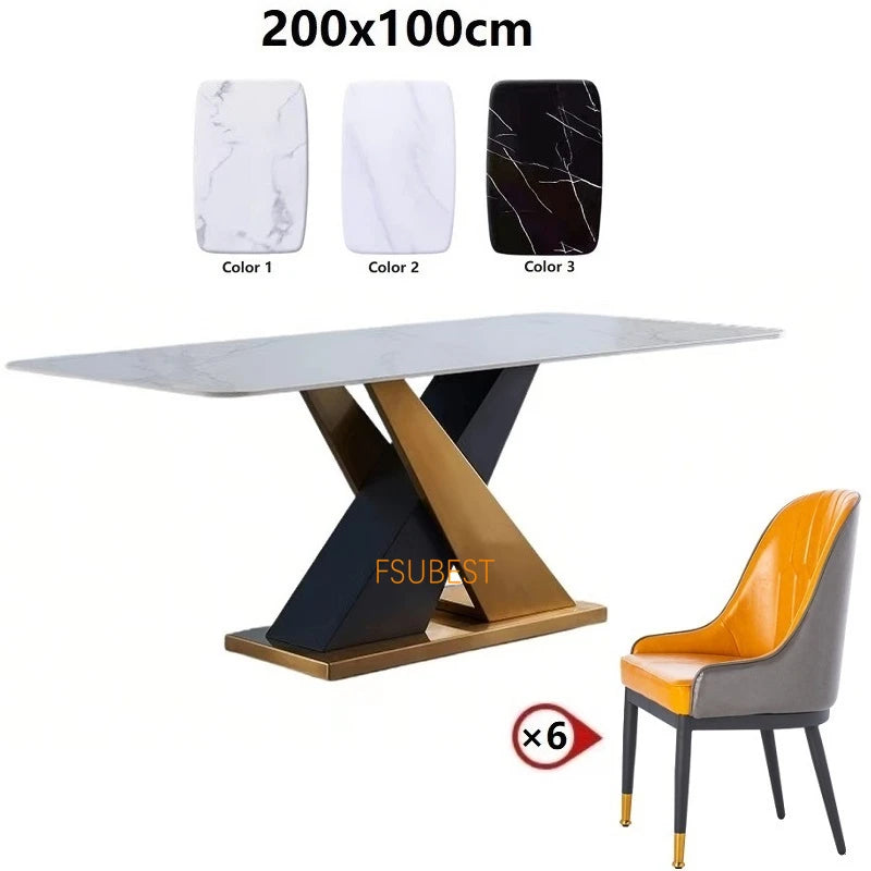 Mesa de comedor y sillas de lujo modernas para 8 personas, mesa de comedor rectangular de acero inoxidable y mármol