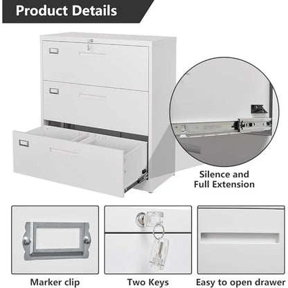 Metal File Cabinet with Lock,3 Drawer Lateral Filing Cabinet for Different Size Files, Lockable Storage Cabinet with One Door