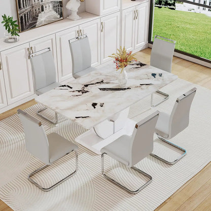 Juego de mesa de comedor moderna para 6 personas, juego de mesa de comedor de imitación de mármol blanco para 6 personas, juego de 6 sillas de cocina rectangulares de 63"