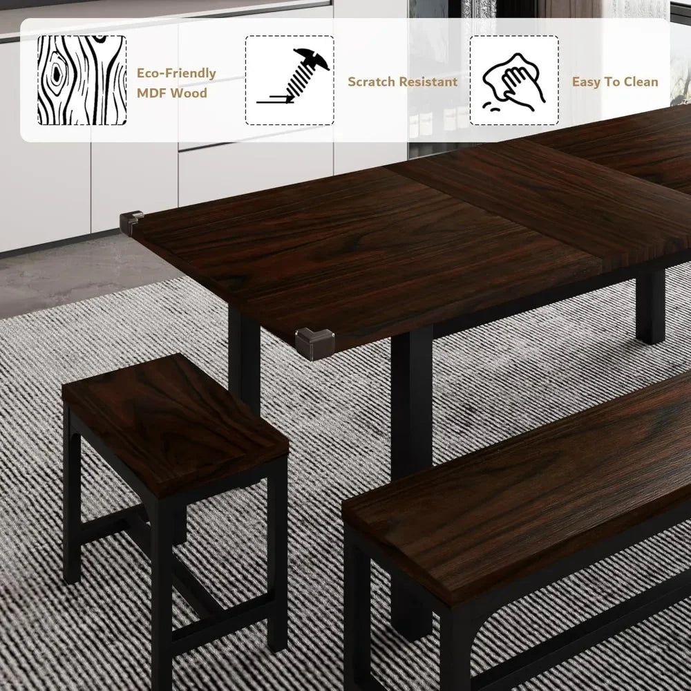 Ensemble de table à manger pour 4 à 8 personnes, ensemble de table de cuisine extensible avec 2 bancs et 2 tabourets carrés