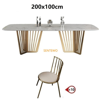 Mesa de comedor de cocina de mármol de lujo SENTEWO con juego de 8 sillas, mesa de comedor con base de metal esmaltado de titanio, mesas con 4 sillas