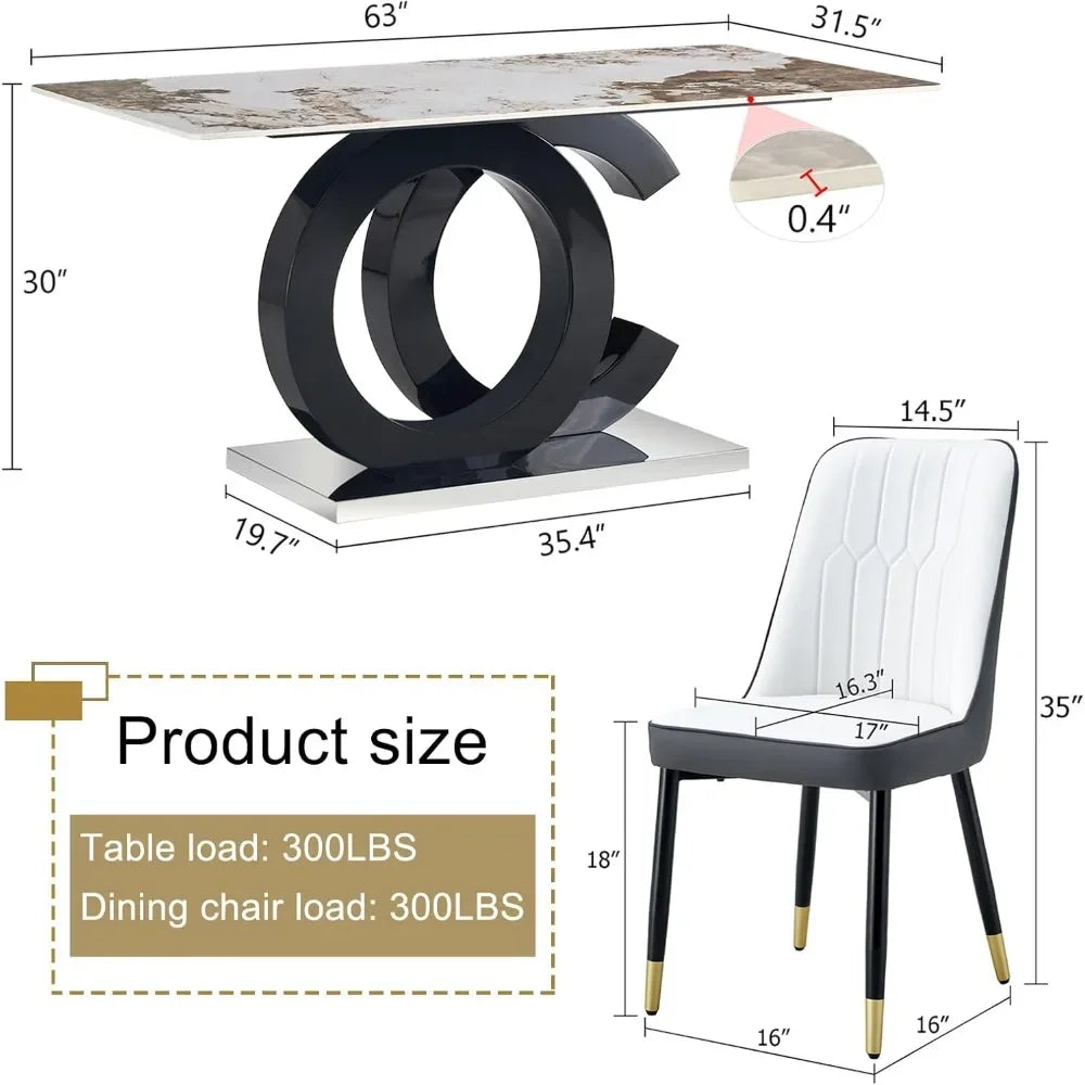 Juego de mesa de comedor para 6 personas, tablero de mármol PDLB y base de MDF, mesas de vidrio con 6 sillas tapizadas de cuero sintético, juego de comedor