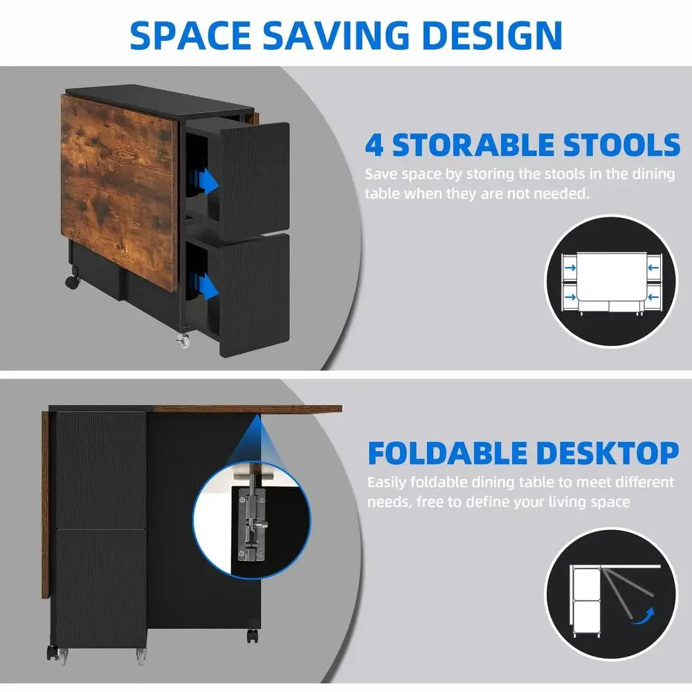 Folding Dining Table Set with 4 Chairs Space-Saving 55'' Drop Leaf Table Set with Storage Racks & Wheels Versatile Kitchen