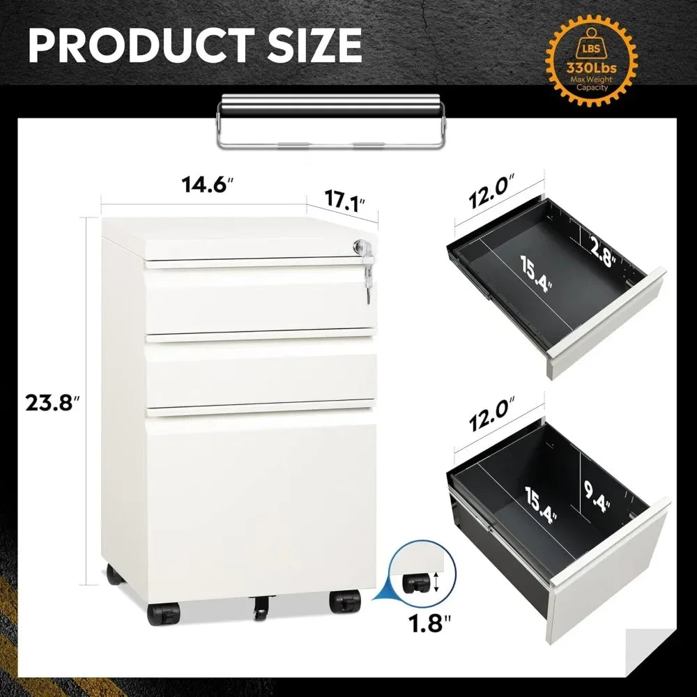 3 Drawer Mobile File Cabinet, Assembled (except casters), 17.1" D x 14.6" W x 23.8" H, Fits Letter/Standard Size, White