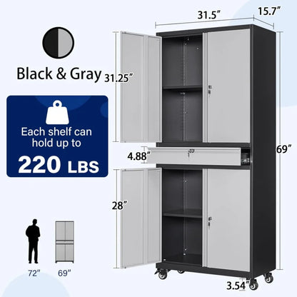 Gabinete de almacenamiento de garaje de metal con puertas con cerradura y estantes ajustables Gabinete de almacenamiento de herramientas con ruedas con 4 ruedas y 1 cajón