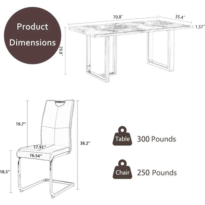 Ensemble de table à manger pour 6 pièces, grand marbre synthétique blanc avec chaises en similicuir PU beige, facile à assembler, ensembles de salle à manger, 71''