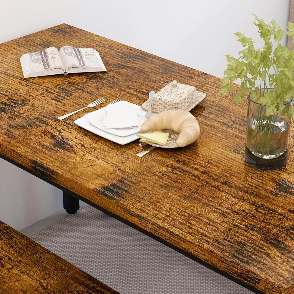 Ensemble de table à manger pour 4 personnes Ensemble de table de cuisine avec 2 bancs de salle à manger, 3 pièces de style ferme industriel pour petit espace, appartement, brun rustique