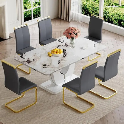 Juego de mesa de comedor moderna para 6 personas, juego de mesa de comedor de imitación de mármol blanco para 6 personas, juego de 6 sillas de cocina rectangulares de 63"