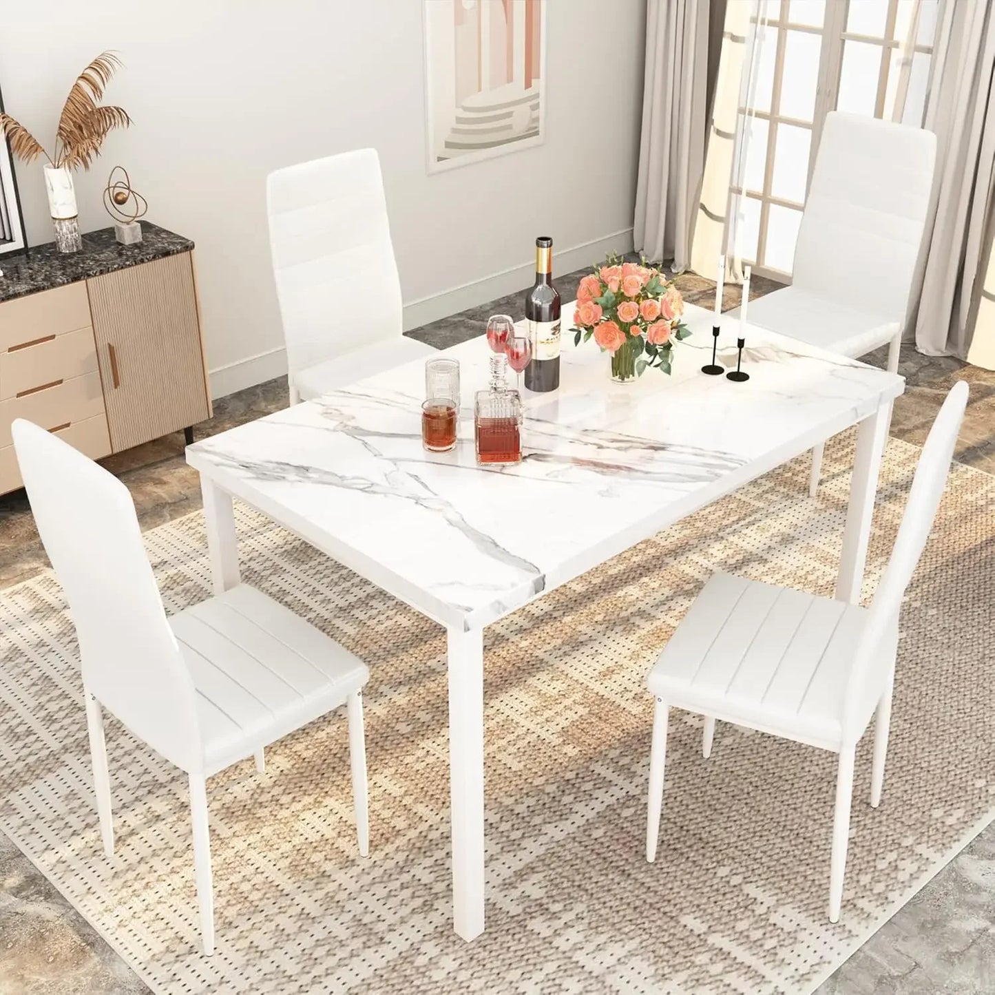 Juego de mesa de comedor para 4 personas, mesa de cocina de mármol y sillas para 4 personas, cómodas sillas de cuero sintético, juego de mesa de comedor para espacios pequeños