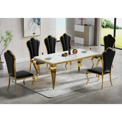 Mesa de comedor para 6-8 personas, mesa de cocina de mármol blanco de 70 pulgadas con patas cabriolé con espejo dorado, mesa de comedor de lujo