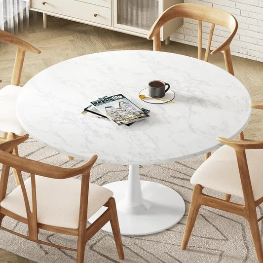 ZHENXIANG Marble Round Dining Table, 42.1" Tulip Table Kitchen Dining Table 4-6 People with MDF Table Top & Pedestal Base