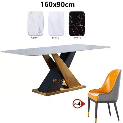 Mesa de comedor y sillas de lujo modernas para 8 personas, mesa de comedor rectangular de acero inoxidable y mármol