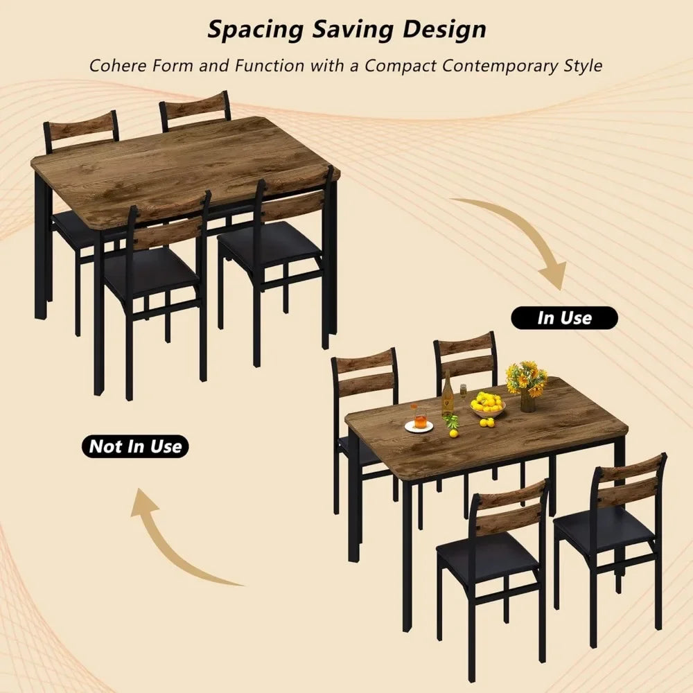 Juego de mesa de comedor para 4, mesa de comedor de 43,3" con 4 sillas tapizadas de cuero sintético, juego de mesa y sillas de cocina de madera de 5 piezas