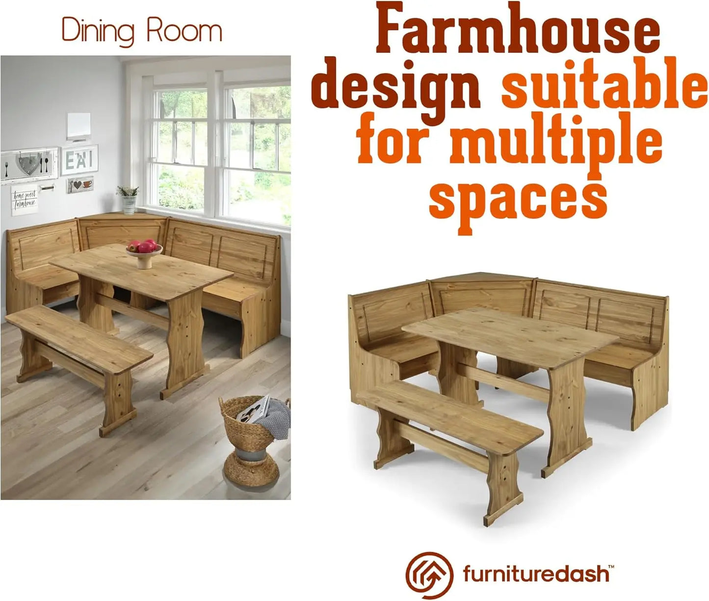 Ensemble de salle à manger d'angle en bois 64,8" L x 19,9" P x 33,4" H - Ensemble table et banc de ferme, meubles de ferme pour salle à manger - C