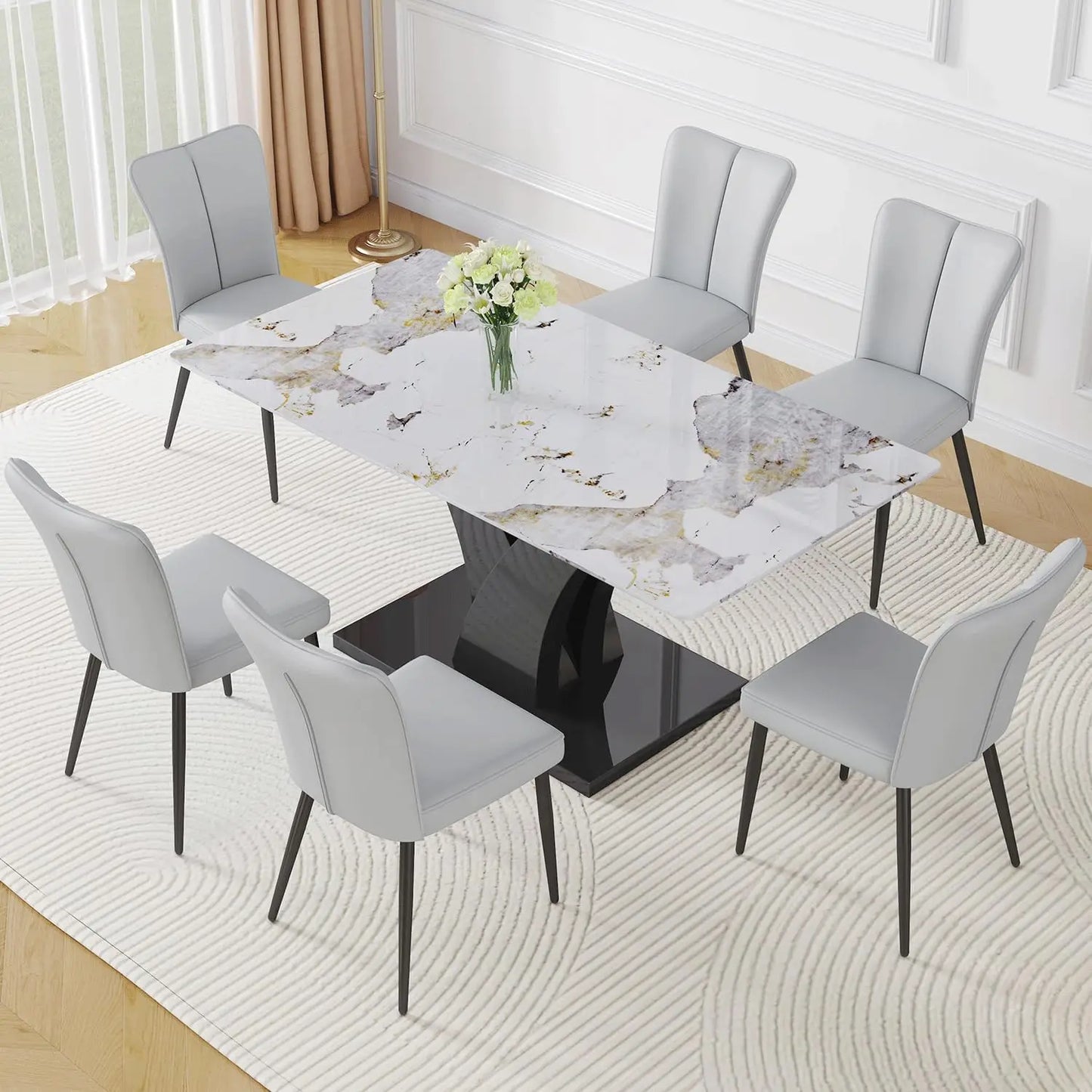 Juegos de comedor, mesa de cocina de 67" de imitación de mármol y 6 sillas de cuero PU, juego de mesa de comedor rectangular para 6