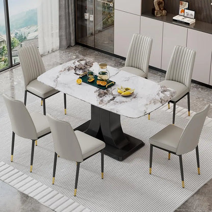 Juego de mesa de comedor moderno para 6 personas, juego de mesa y sillas de mármol para 6 personas, mesa rectangular con 6 sillas acolchadas de cuero sintético