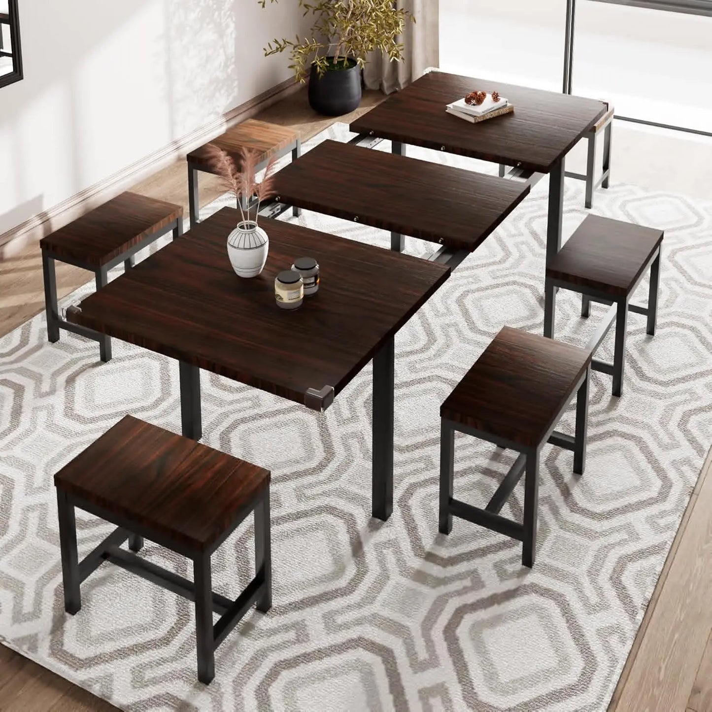 3 Pcs 63" Dining Table for 4-6, Extendable Dining Room Table with 2 Benches, Mid Century-Modern Kitchen Table Set