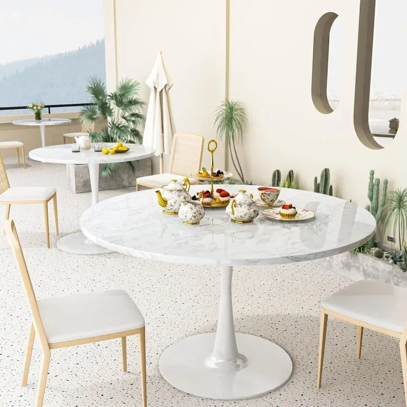 Table à manger ronde en marbre blanc, bureau tulipe de 31,5 po pour 2 à 4 personnes avec plateau en MDF et base sur piédestal